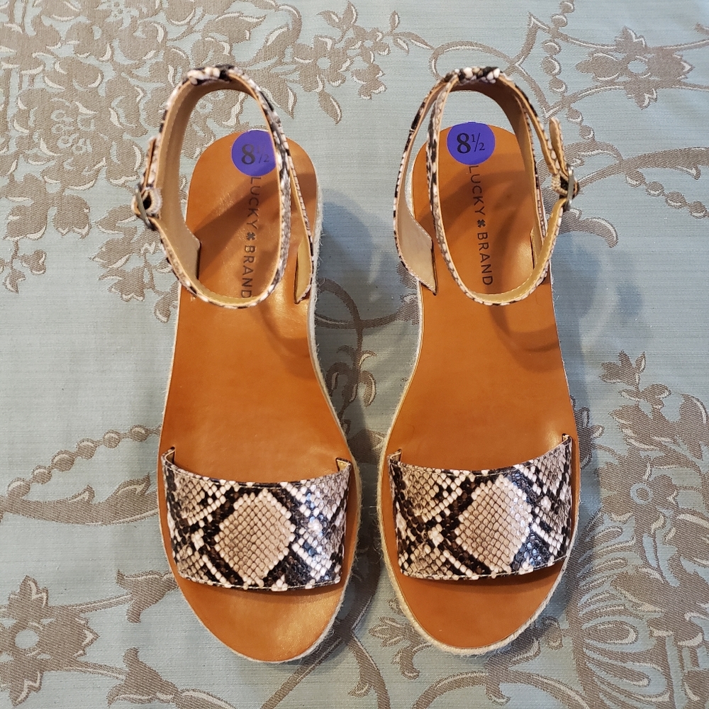 Lucky Brand Jeneka Snakeskin Tan Black Espadrille Platform Sandals Women 8.5 - Picture 3 of 12